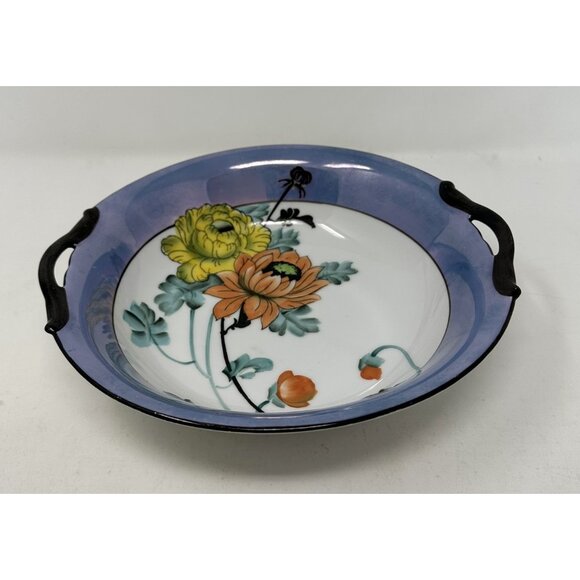 NORITAKE MORIMURA TWO HANDLED SERVING BOWL Floral Art Deco Blue Luster Ware - Picture 2 of 15